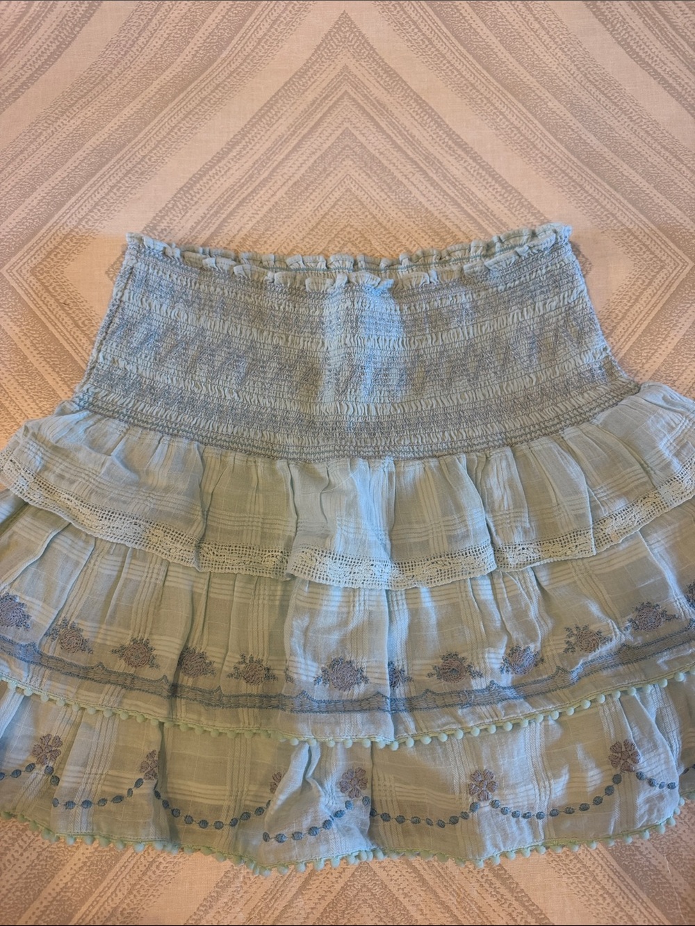 LoveShackFancy Women’s Light Blue Tiered Ruffle Mini Skirt | Size Small